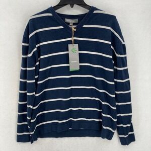 Hemp Age V-Neck Sweater Mens Large Blue White Striped Hemp Organic Cotton NWT